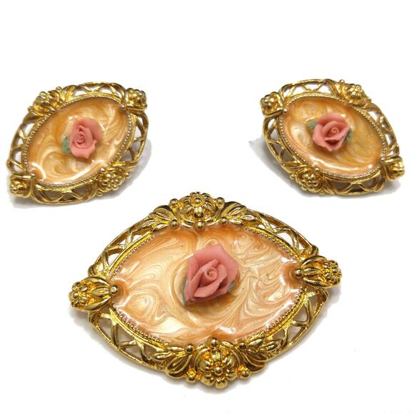 Vintage 1928 Style Brooch & Earrings, Pink Porcelain Roses, Peach Enamel, 1980s - Picture 5 of 10